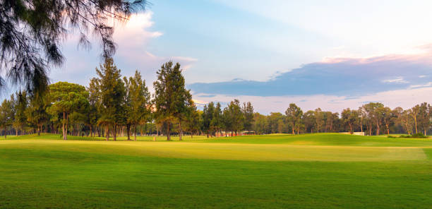 istock A panoramic golf course with lush greenery and tranquil surroundings, illuminated by the gentle hues of an evening sky. 2187664734