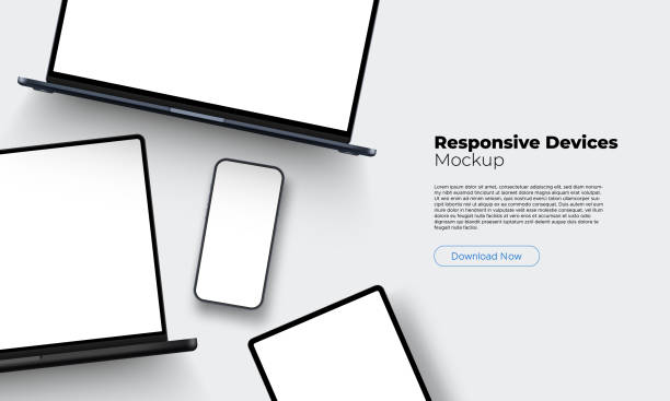 bildbanksillustrationer, clip art samt tecknat material och ikoner med modern responsive devices mockup, laptops, tablet computer, smartphone - webbdesign