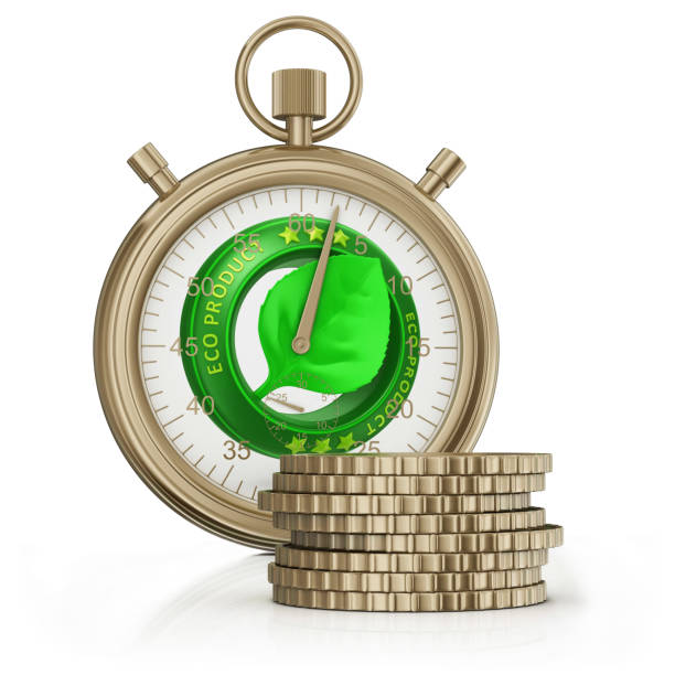 3d render. A gold stopwatch featuring a green eco-friendly label, accompanied by stacked coins, symbolizing the concept of time and financial investment in sustainability and environmental products.
