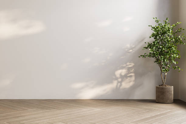 istock Empty minimalist room with chevron-patterned wood flooring and a potted plant, illuminated by natural light. 2187677290