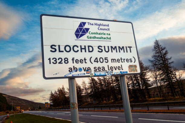 Road sign at Slochd Summit on the A9 road about 20 miles south of Inverness, Scotland.
