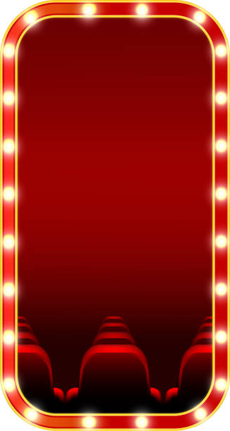 istock Red cinema blank sign with seats and lights border showing event announcement 2187679577