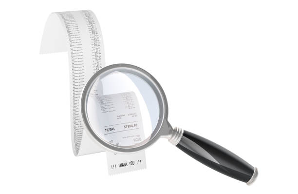 Magnifier and barcode label on yellow background. Horizontal composition.