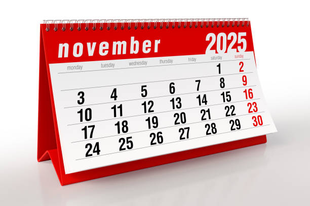 November 2025 Calendar. Isolated on White Background. 3d Rendering