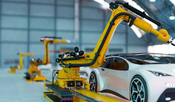 car assembly with robot arm working in factory, 3d illustration rendering