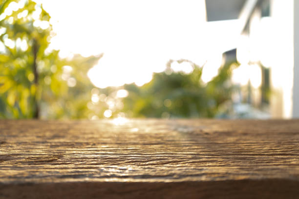 Wooden desk surface with nature view