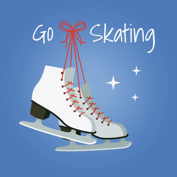 istock Hand Drawn Pair Of White Ice Figure Skates Hanging On Red Laces In Flat Vintage Style On Gradient Blue Background Vector 2187709620