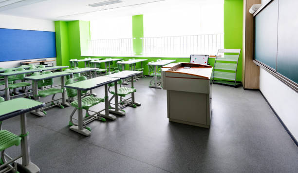 School classroom with desks and chairs