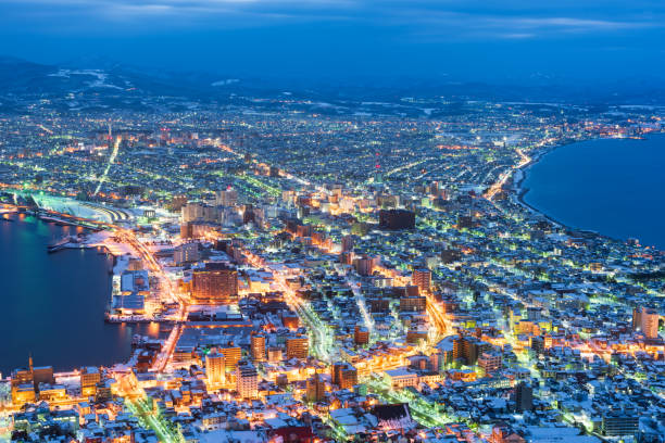 Hakodate, Hokkaido, Japan city skyline from Mt. Hakodate at dusk.