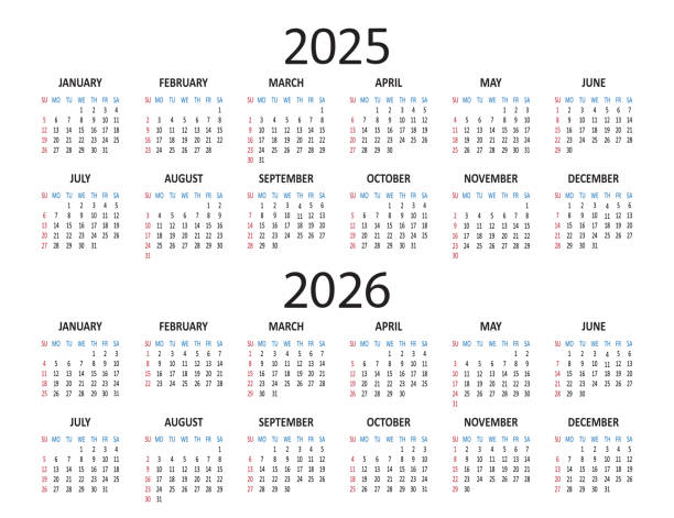 Calendar 2025 2026 years. Week starts on Sunday. Simple business daily banner. Vector Calendar 2025 2026 years. Week starts on Sunday. Simple business daily banner. Vector illustration 2026 stock illustrations