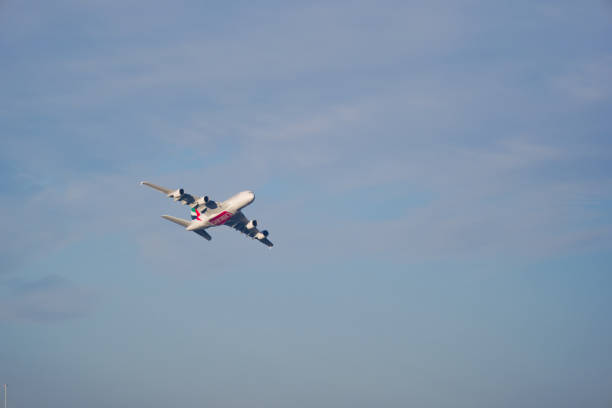 Millbrae, United States – December 12, 2025: British Airways Airbus A380 flying overhead on approach to San Francisco International Airport, coming in from London Heathrow.