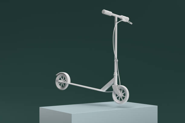 A white scooter is shown in a 3D rendering, with the front wheel off the ground. Concept of motion and playfulness, as if the scooter is about to take off