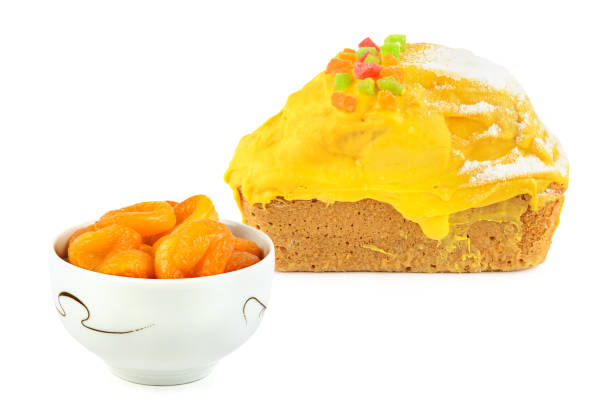 Honey lemon cake with dried apricots isolated on white background. Collage. Free space for text.