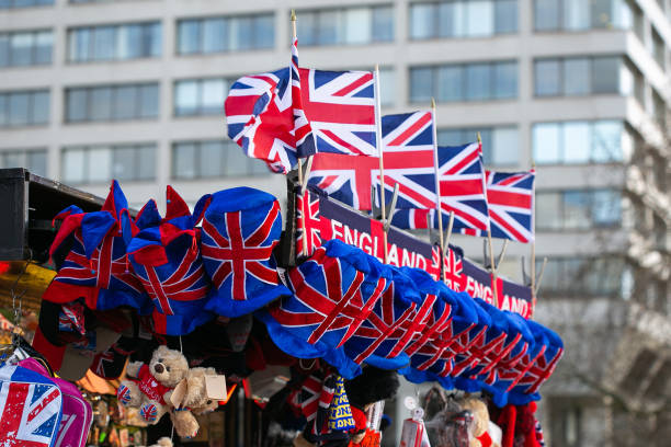 istock Colorful British Souvenir Shop Display with Union Jack Flags 2187733418