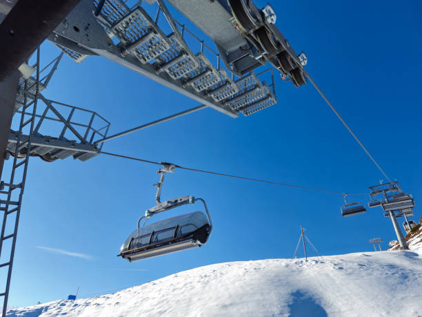 istock Ski lift empty ropeway on alpine mountain winter resort on bright sunny day 2187739059