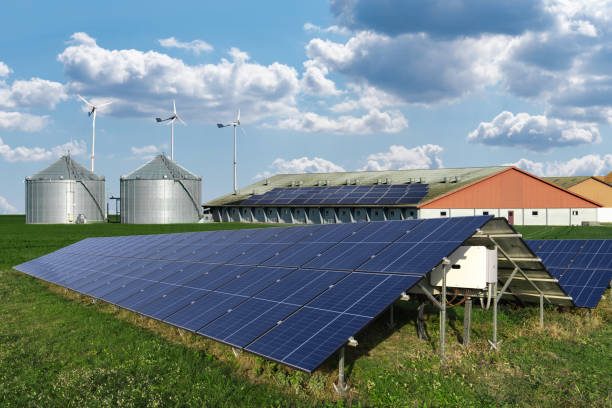 istock Modern farm using renewable energy. Solar panels with silos in the background. 2187745065