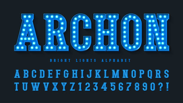 Retro cinema alphabet design, cabaret, warm lamps letters and numbers. Original design