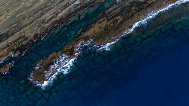 Aerial view of waves and rocks on the beach