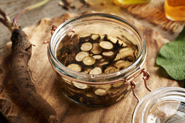 istock Preparation of herbal tincture from fresh wild burdock root and alcohol 2187753043