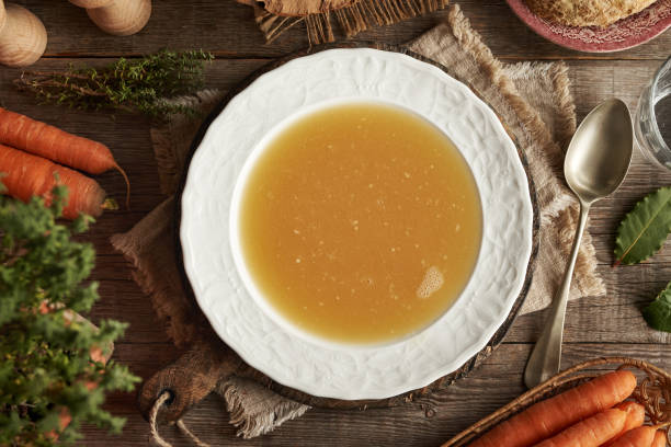 istock Chicken bone broth in white plate on a wooden table 2187753138