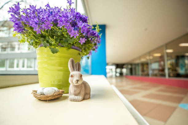 Indoor Display with Purple Flowers, Ceramic Rabbit, and Nest