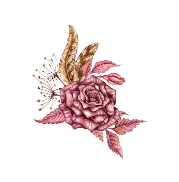 istock Rose gothic burgundy with buds grass feathers watercolor 2187762201