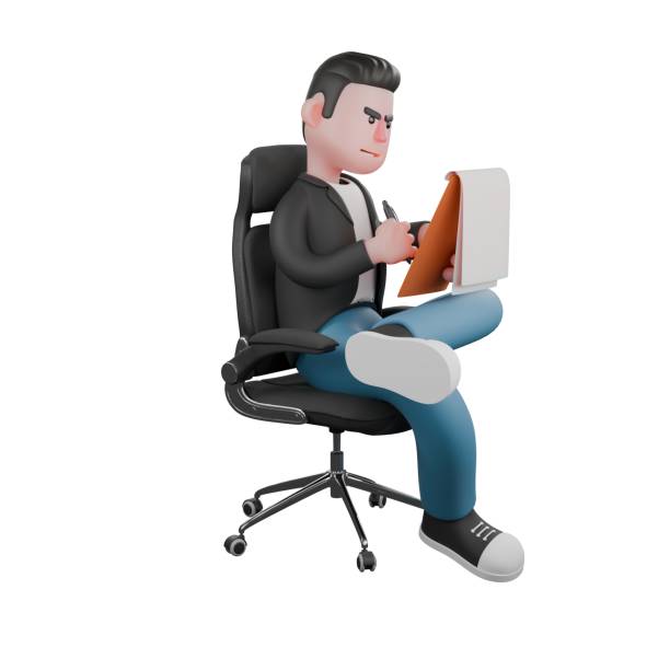 istock 3D Cameraman Design. A Male Cameraman sits with his left leg bent over his right leg while holding a clipboard and a pen, focused expression. Cartoon Character Illustration 2187778517