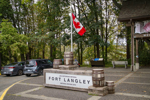 Fort Langley, B.C., Canada - Sept. 28. 2024: Entrance to the National Historic Site of Fort Langley (1827), a fur trading post and a center for bartering with aboriginal peoples.