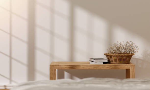istock Minimalist Bedroom Decor with Wooden Table and Natural Light 3D Render 2187783615