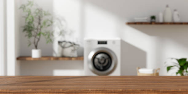 istock Minimalist Eco-Friendly Laundry Room with Modern Washer 3D Render 2187783693