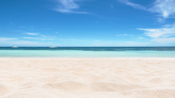 istock Empty tropical sand beach with turquoise sea and sunny blue sky background 2187792022