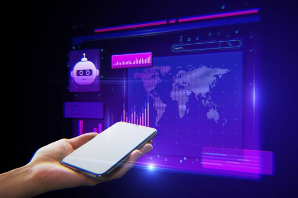 istock Digital financial interface with global charts and AI bot on neon background, smartphone in hand concept. 2187792285
