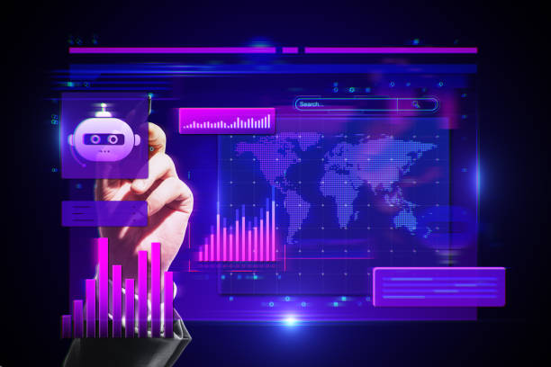 istock Hand interacting with digital financial dashboard featuring graphs and chatbot icon on a neon interface background. 2187792297