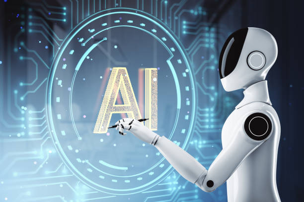 istock Humanoid robot interacting with glowing AI text surrounded by futuristic circuits on a blue digital background. 3D Rendering 2187792464