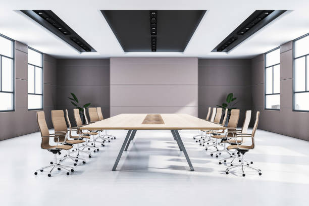 istock Modern conference room interior with large table, chairs, and bright windows in a contemporary office space. 3D Rendering 2187792556