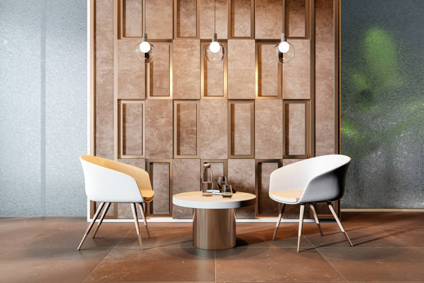 istock Modern waiting area with chairs and table in office lobby, stylish wall panel design, contemporary interior setting. 3D Rendering 2187792616