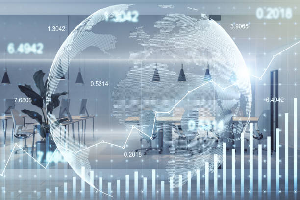 istock Digital globe and financial chart overlay on office space background. 2187792716
