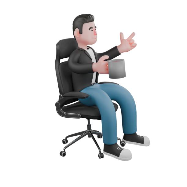 istock 3D Cartoon Cameraman Creative Artwork Design. A Male Cameraman sits facing left with his right hand holding a cup of coffee and the other hand pointing forward. Illustration 2187793326