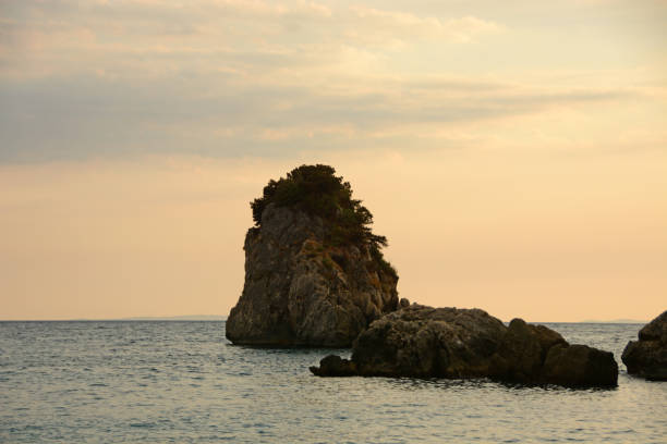 Parga sunset: Idyllic view over the Ionian sea. In front some overgrown rocks.