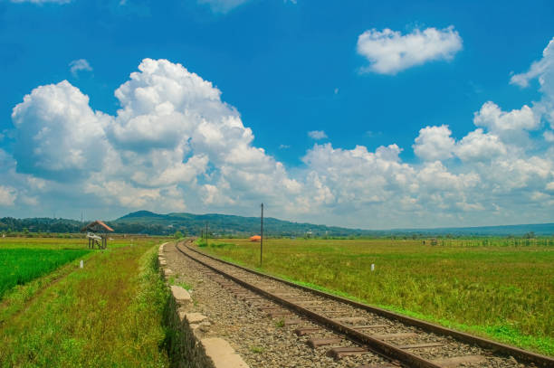 Scenic railway track through lush green fields under a vibrant blue sky with fluffy white clouds, perfect for travel and nature themes