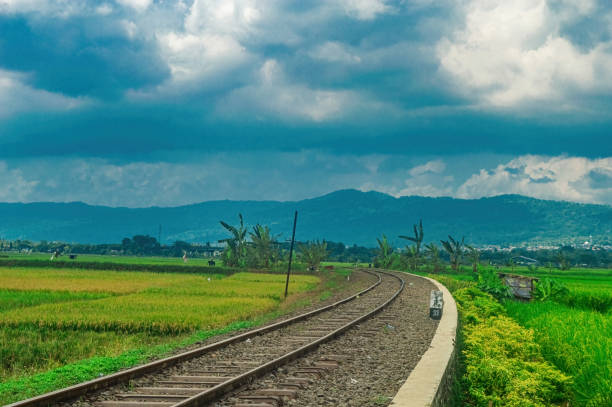 istock Scenic railway track curving through lush green fields with a backdrop of majestic mountains and dramatic clouds, perfect for travel and nature enthusiasts 2187797008