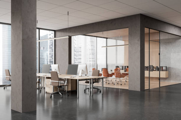 istock Office interior with coworking and glass meeting room, panoramic window 2187797107