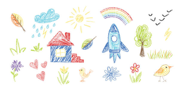 Kid doodle crayon or chalk hand scribble drawings set. Kid doodle crayon or chalk hand scribble drawings set. Naive and cute kindergarten hand drawn doodles with crayon pencil simple pictures, animal and flowers clipart child school color abstract sketch. Crayon stock illustrations