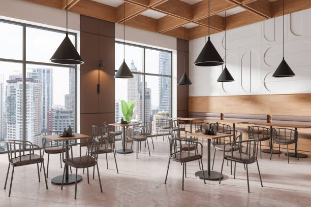 istock Modern cafe interior with wooden accents and city view. 3D Rendering 2187797464
