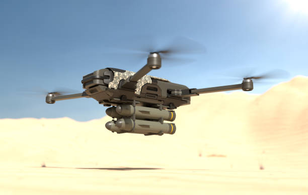 istock Military drones fly and fire missiles in a war zone, Future war with drone. 2187797882