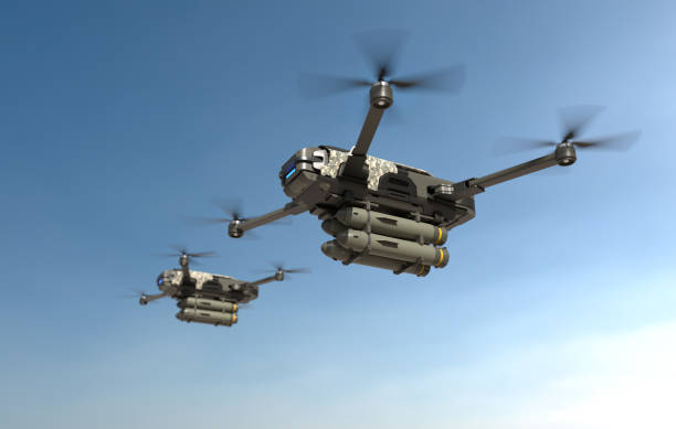 militärische drohnen fliegen und feuern raketen in einem kriegsgebiet ab, zukunftskrieg mit drohne. - drohnenperspektive stock-fotos und bilder