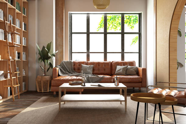 Cozy Living Room with a Leather Sofa and Library. 3D Render