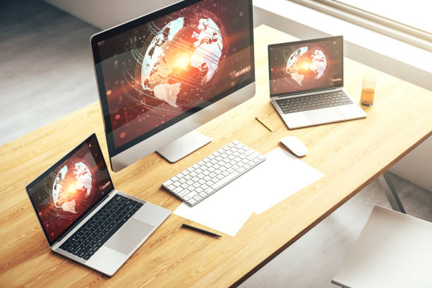 istock Abstract graphic world map on modern laptop screen, connection and communication concept. 3D Rendering 2187798161