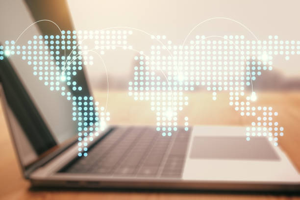 istock Abstract creative world map with connections on modern laptop background, international trading concept. Multiexposure 2187798198