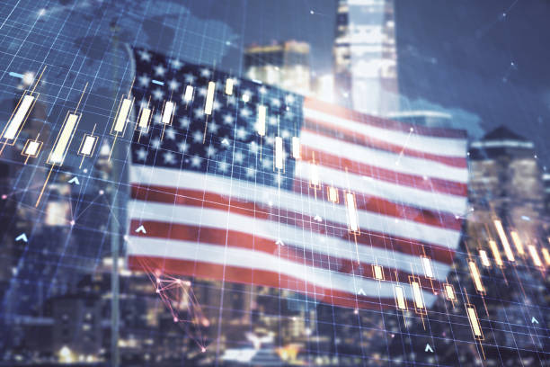 istock Multi exposure of virtual abstract financial graph hologram and world map on US flag and skyline background, financial and trading concept 2187798211
